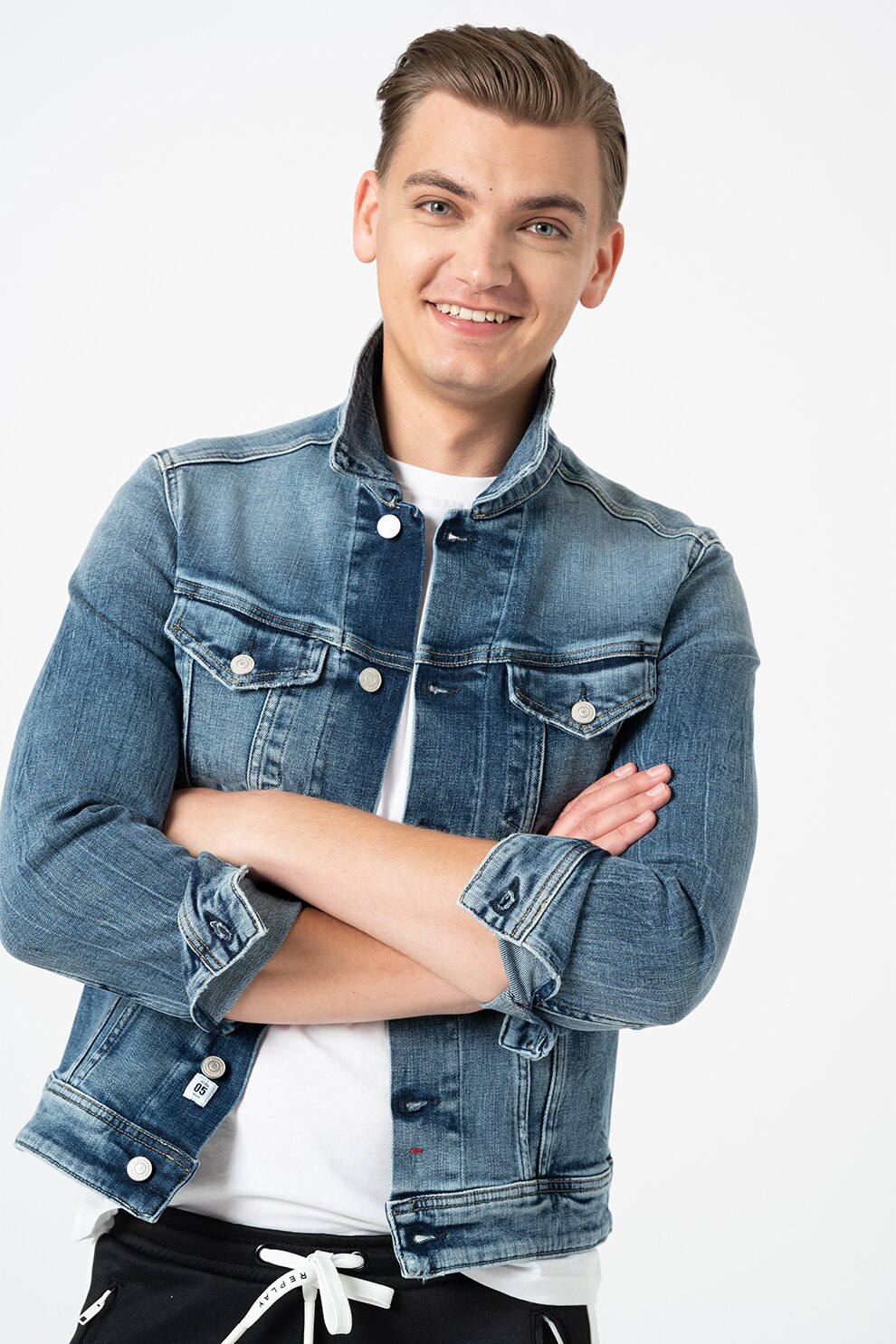Replay, Jacheta slim fit de denim, Albastru inchis, L