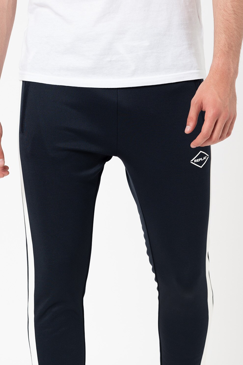 Replay, Pantaloni slim fit de trening cu dungi laterale, bleumarin inchis, alb
