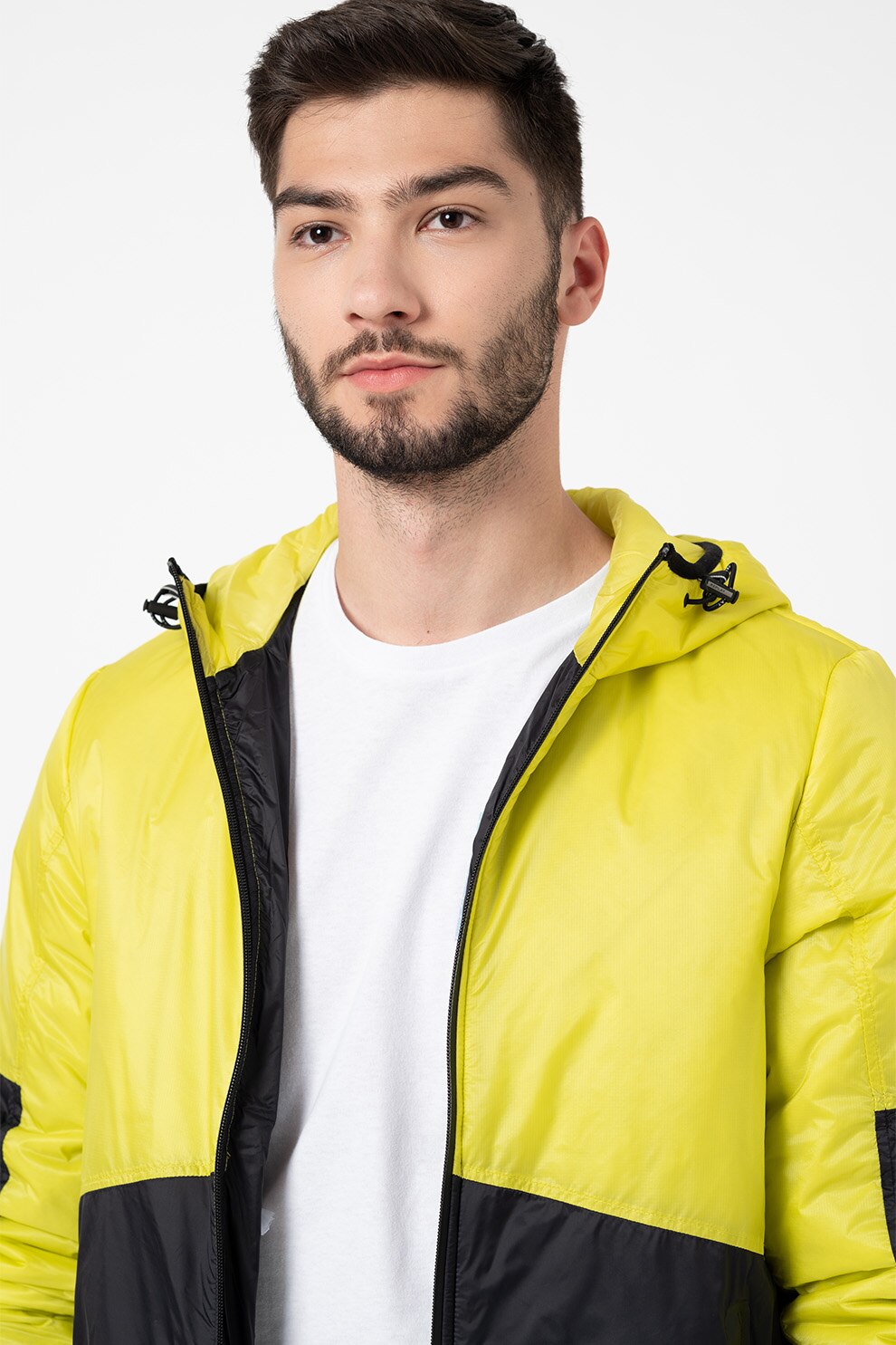 Replay, Geaca usoara cu gluga si fermoar, Verde lime/Bleumarin inchis