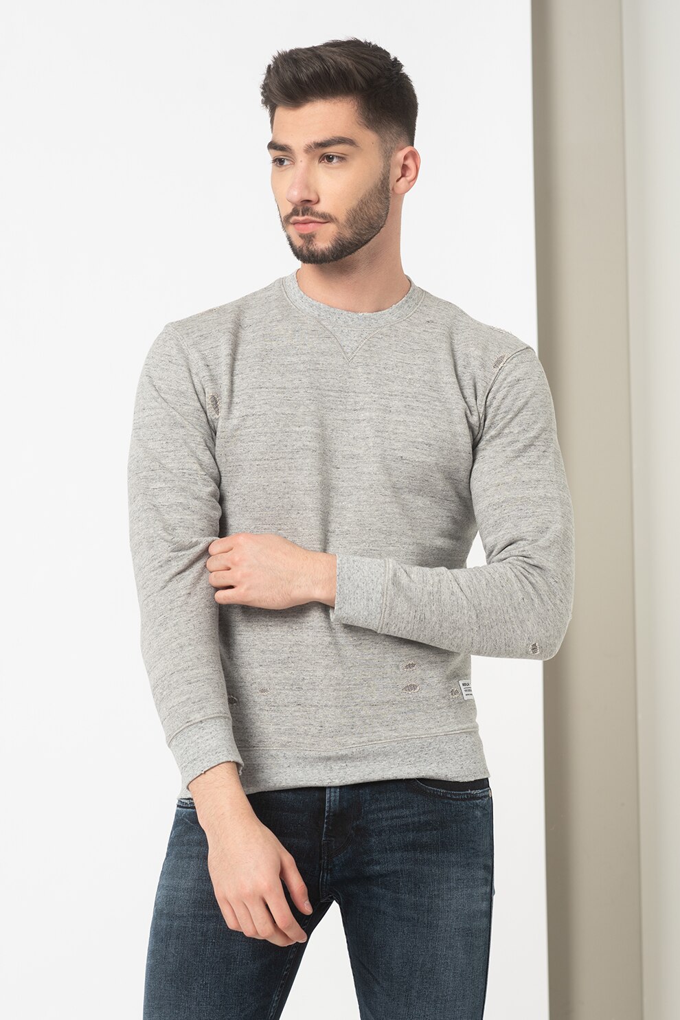 Replay, Bluza sport cu decolteu la baza gatului si detalii cu aspect deteriorat, Gri melange