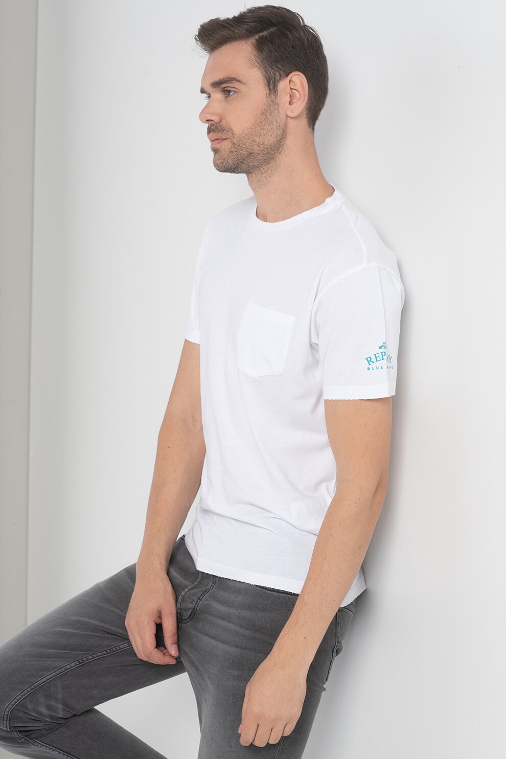 Replay, Tricou regular fit cu buzunar pe piept, Alb