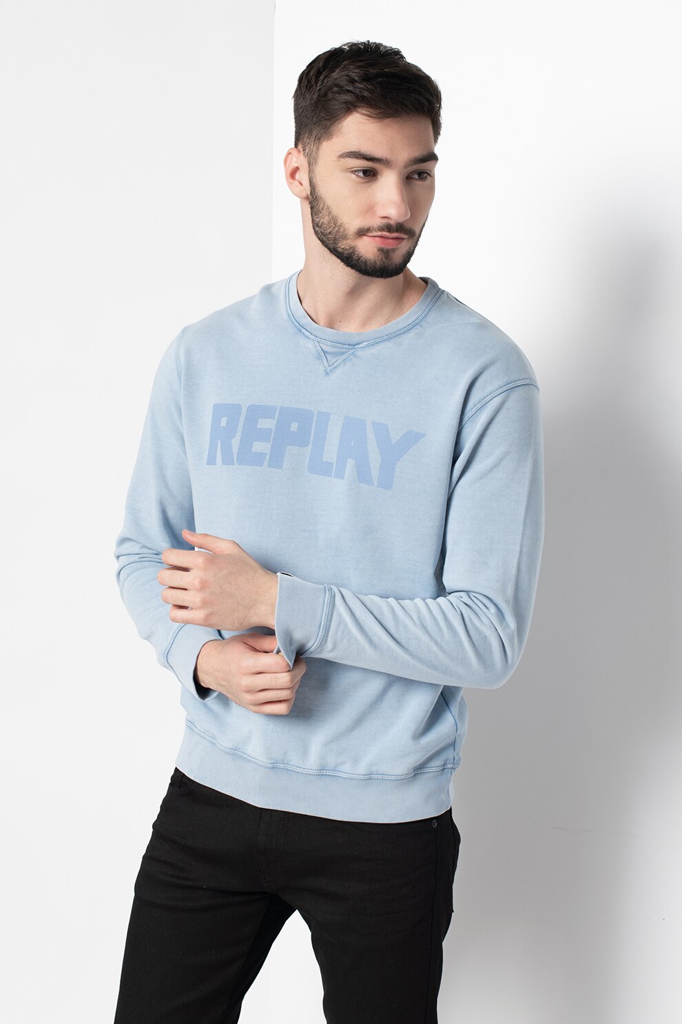 Replay, Bluza sport cu imprimeu logo, ALbastru pastel, albastru lavanda, M