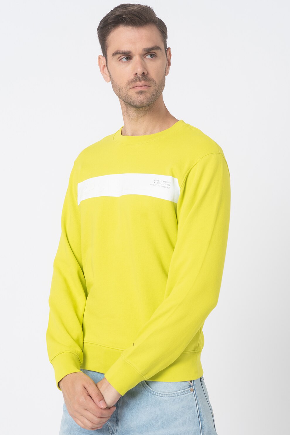 Replay, Bluza sport cu decolteu la baza gatului si model colorblock, Verde lime