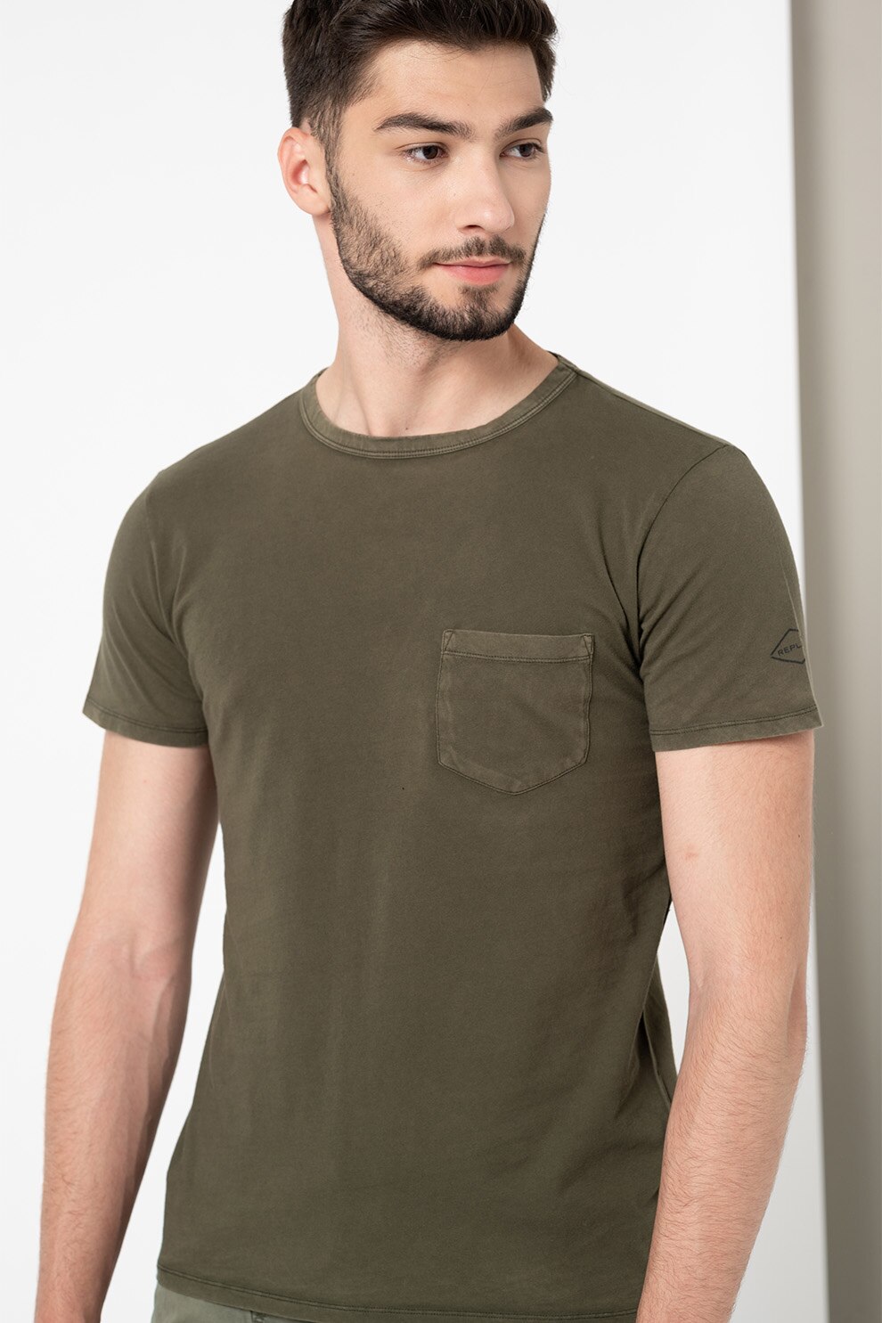 Replay, Tricou de bumbac cu buzunar pe piept, Verde militar