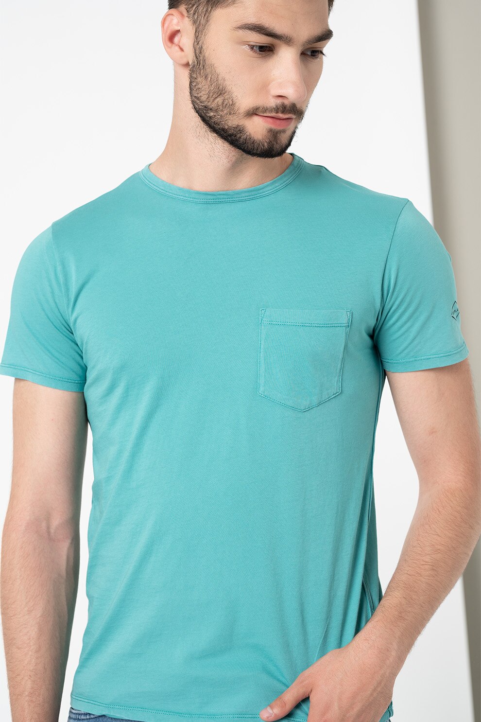 Replay, Tricou de bumbac cu buzunar pe piept, Verde persan