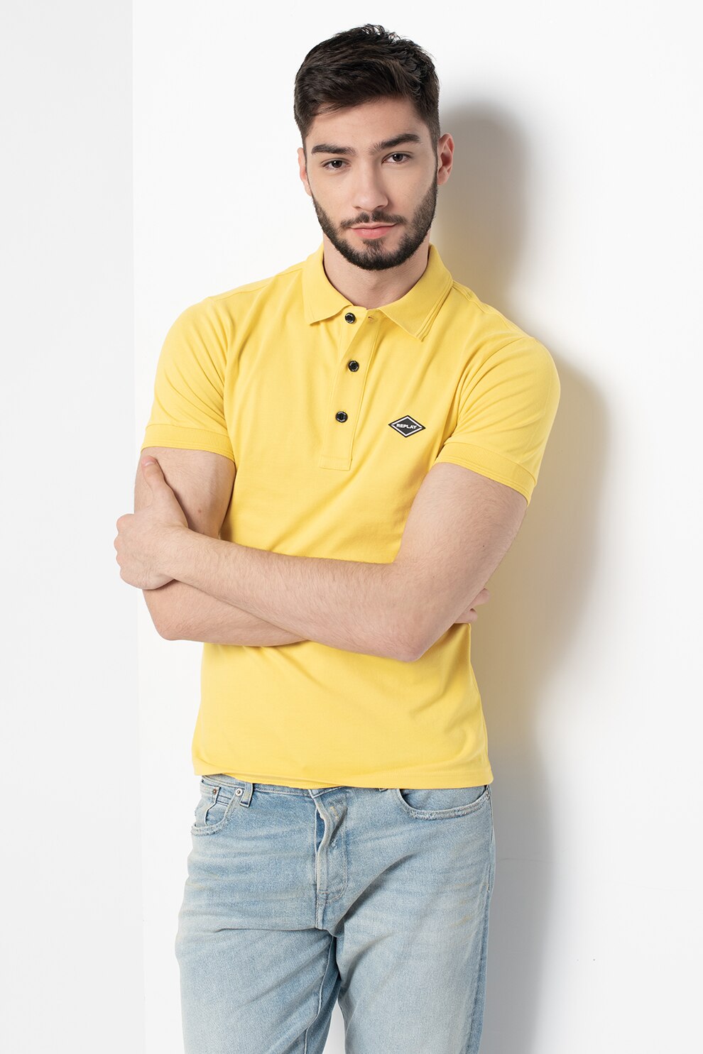 Replay, Tricou polo din pique cu logo discret, Galben, 2XL