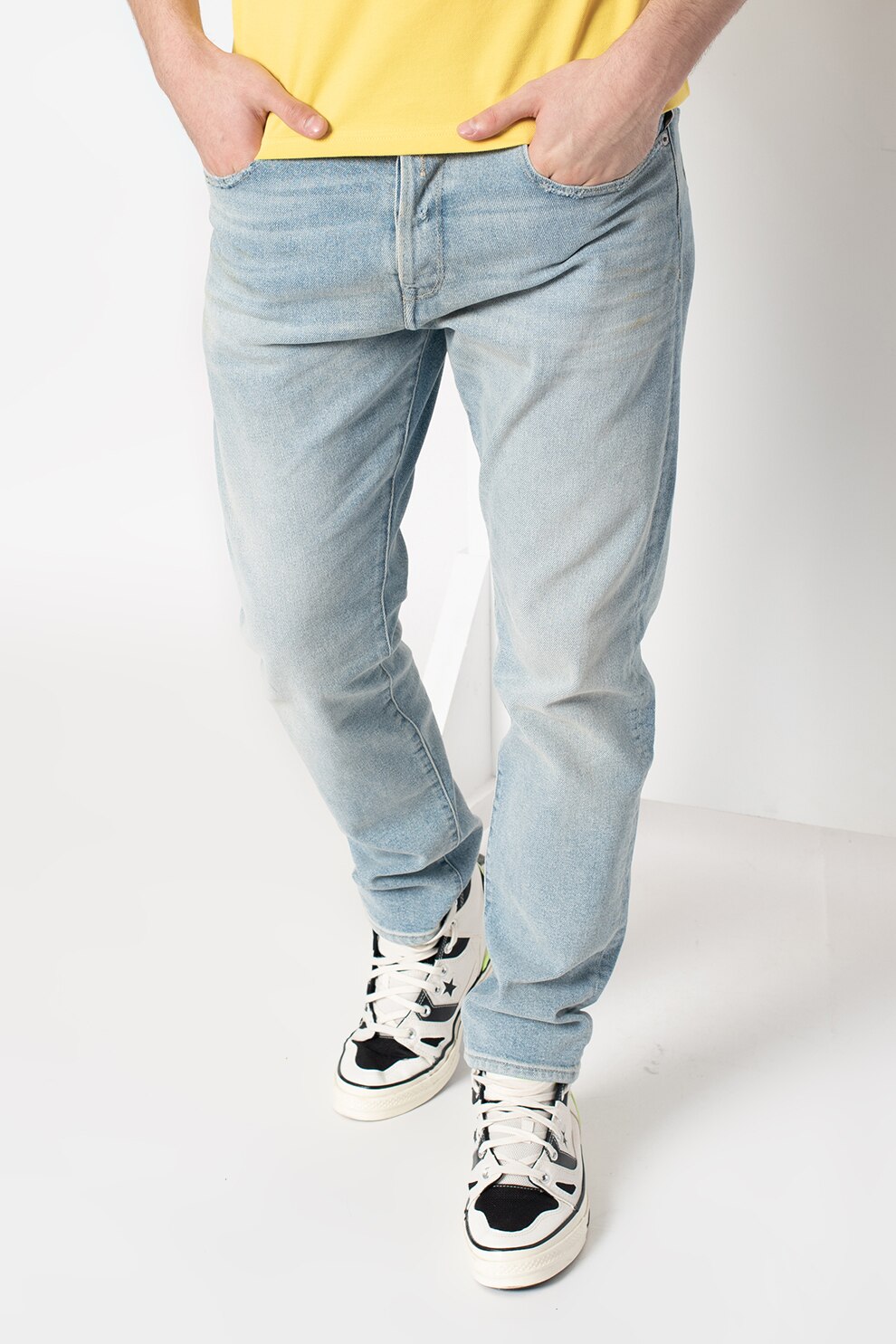 Replay, Blugi conici cu aspect decolorat, Bleu/Alb prafuit