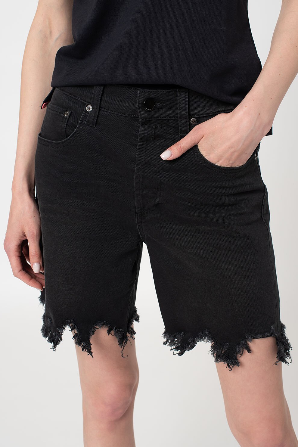 Replay, Pantaloni scurti din denim cu terminatii nefinisate, Negru stins