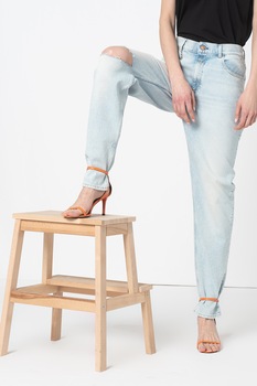 Replay, Blugi conici cu talie inalta si lant decorativ Kiley, Albastru pastel/Alb Replay, Blugi conici cu talie inalta si lant decorativ Kiley, Albastru pastel/Alb