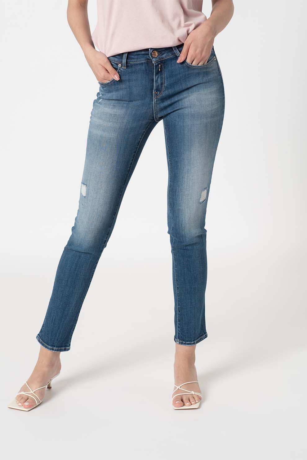 Replay, Blugi slim fit cu detalii cu aspect deteriorat Faabi, Albastru inchis/Alb prafuit