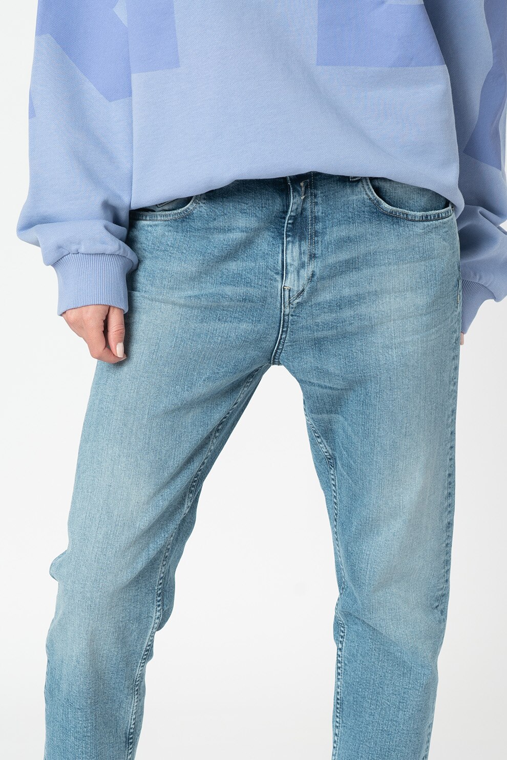 Replay, Blugi boyfriend cu 5 buzunare, albastru inchis/alb, W26-L32