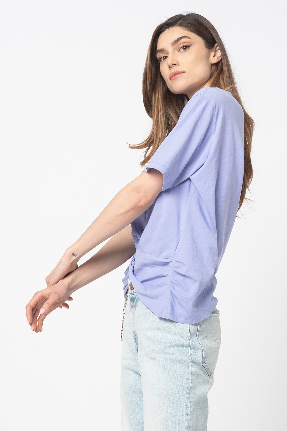 Replay, Tricou cu detaliu innodat, Albastru azur/Argintiu
