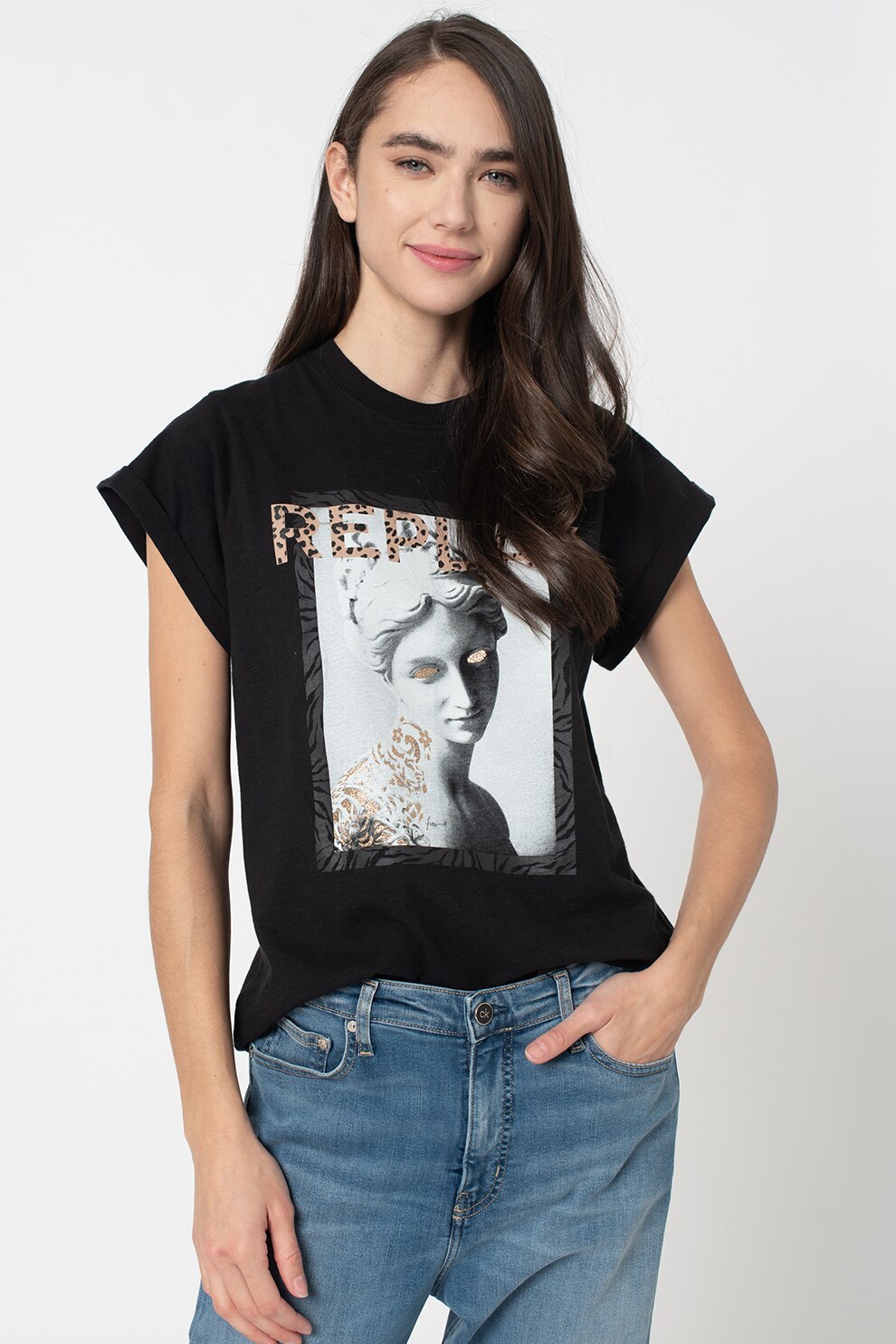 Replay, Tricou cu imprimeu si maneci cazute, Negru/Gri