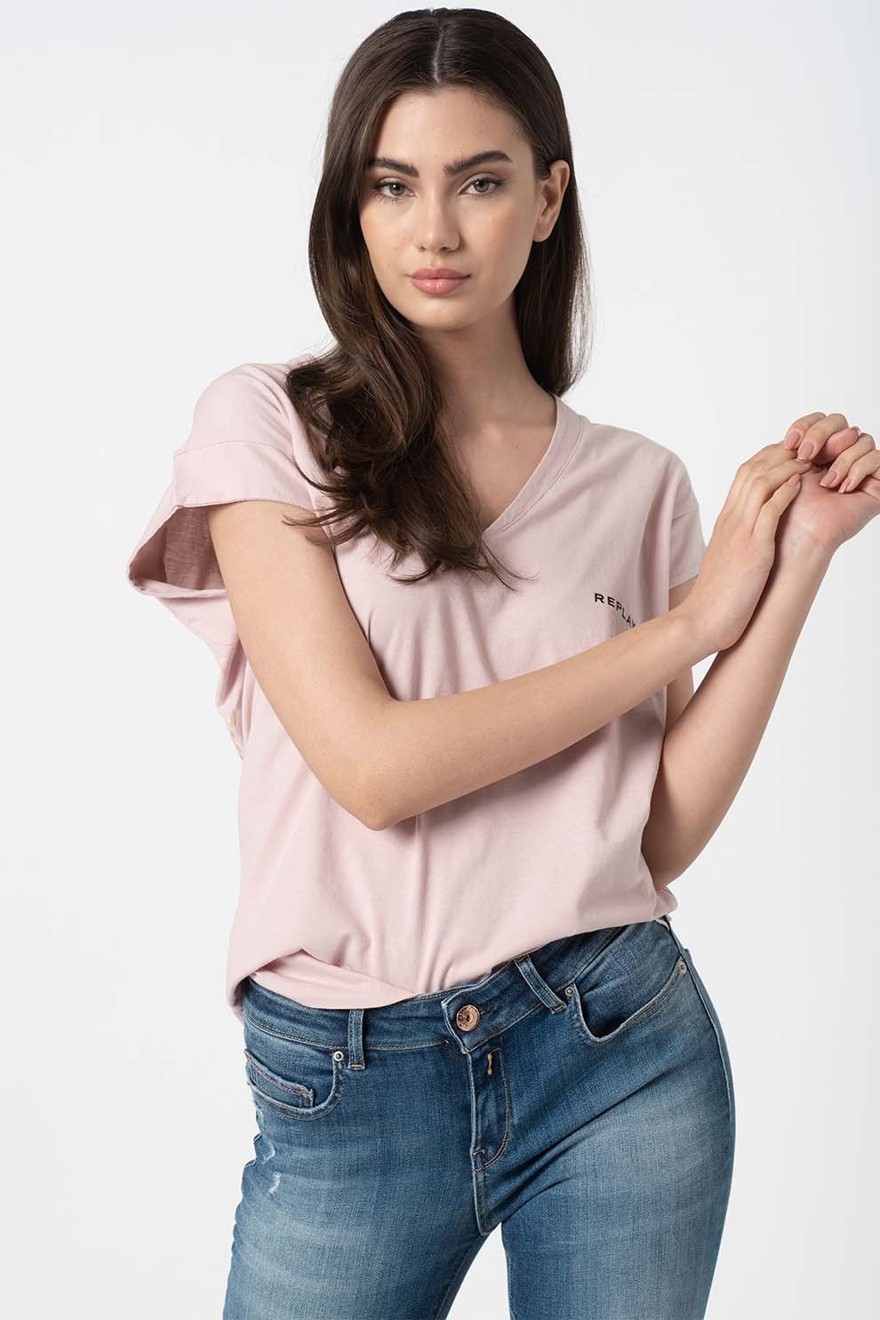 Replay, Tricou cu decolteu in V si maneci liliac, Roz prafuit