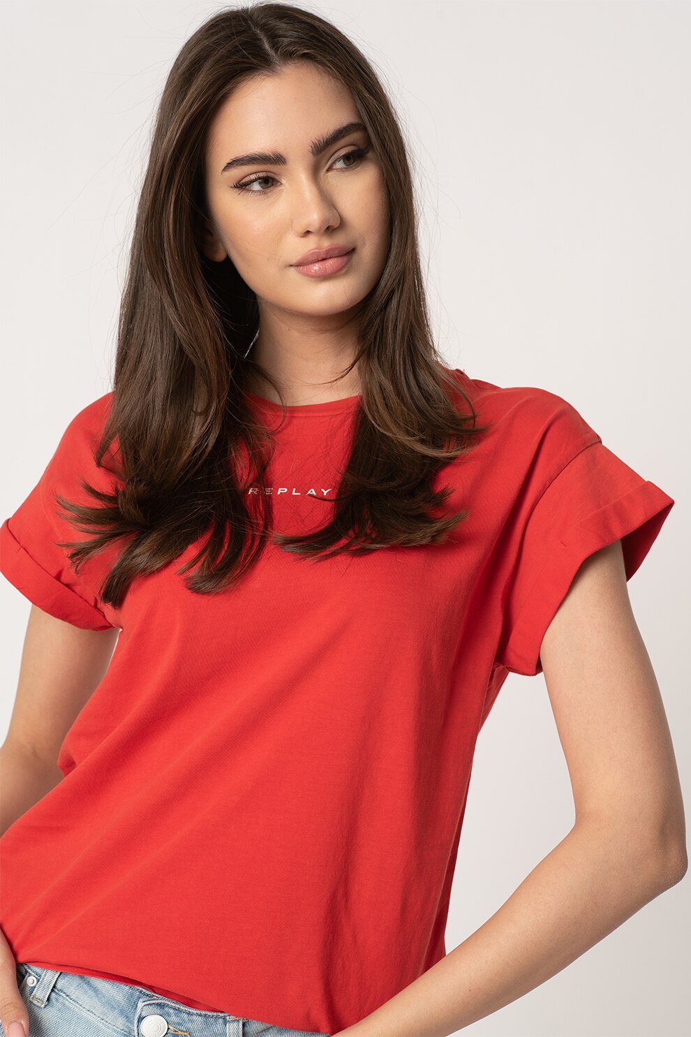 Replay, Tricou de bumbac cu maneci cu terminatii rasucite, Rosu, XS
