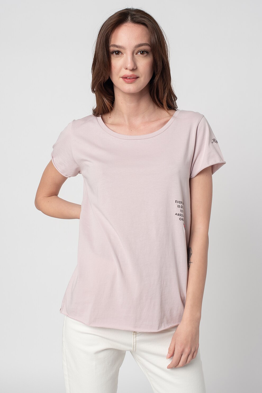 Replay, Tricou slim fit cu imprimeu text discret, Roz prafuit