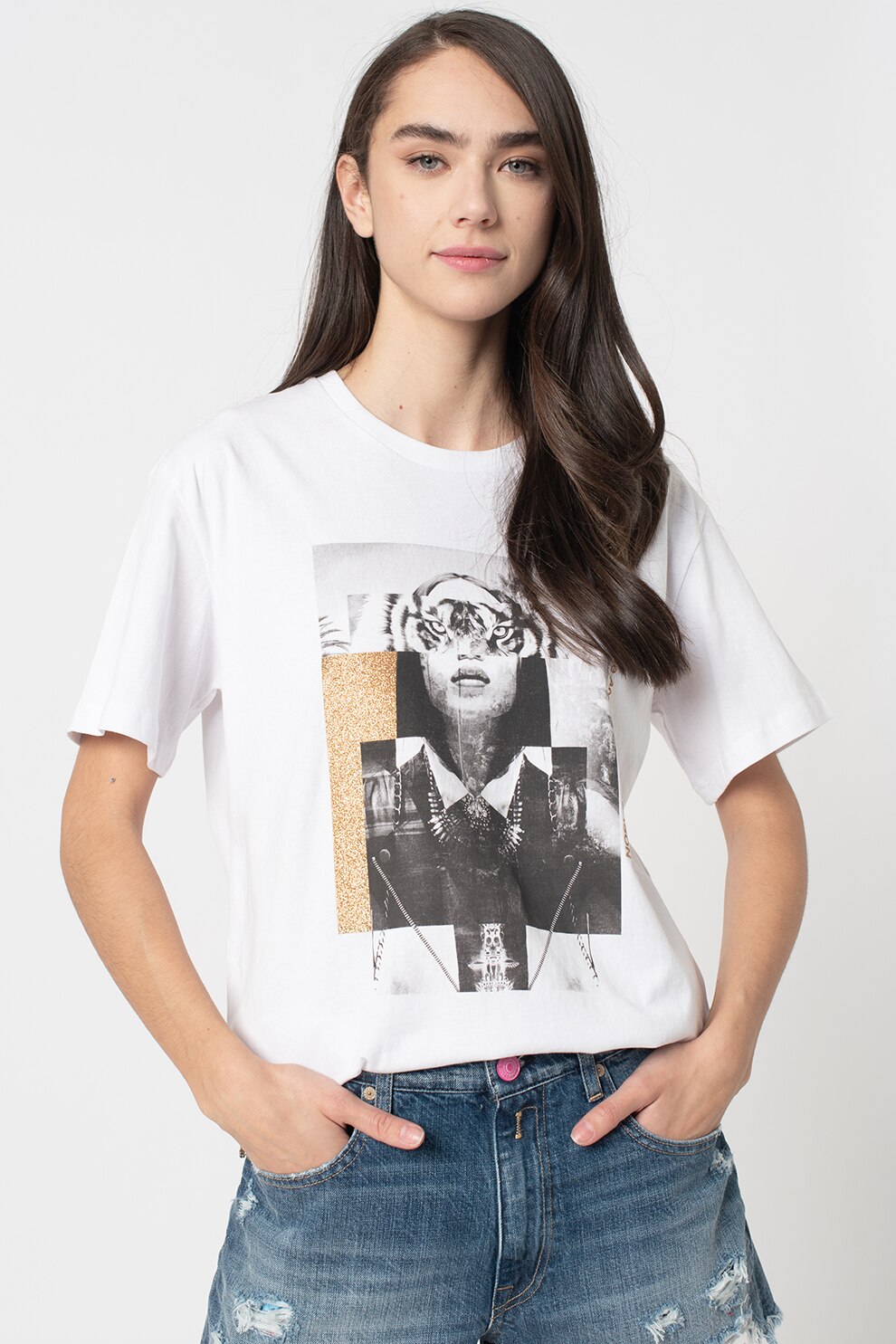 Replay, Tricou lejer cu imprimeu grafic, Alb/Auriu