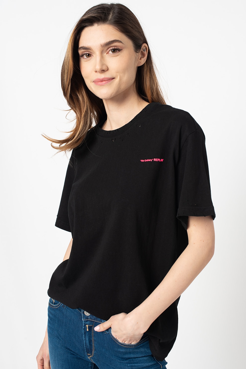 Replay, Tricou cu decolteu la baza gatului si detalii cu aspect deteriorat, Negru, XS