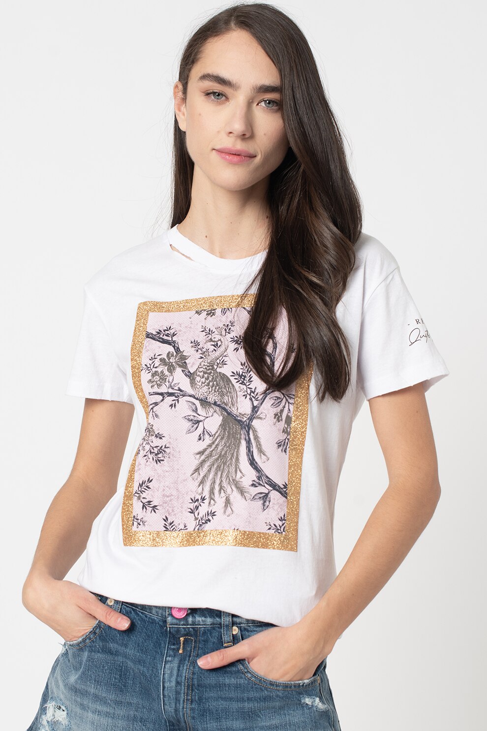 Replay, Tricou cu imprimeu grafic si detaliu stralucitor, Alb/Auriu/Negru