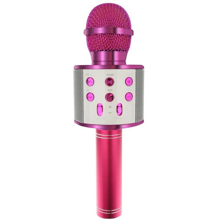 Microfon cu sistem karaoke si difuzor, Iso Trade, 7,5 / 7,5 / 23 cm, Roz