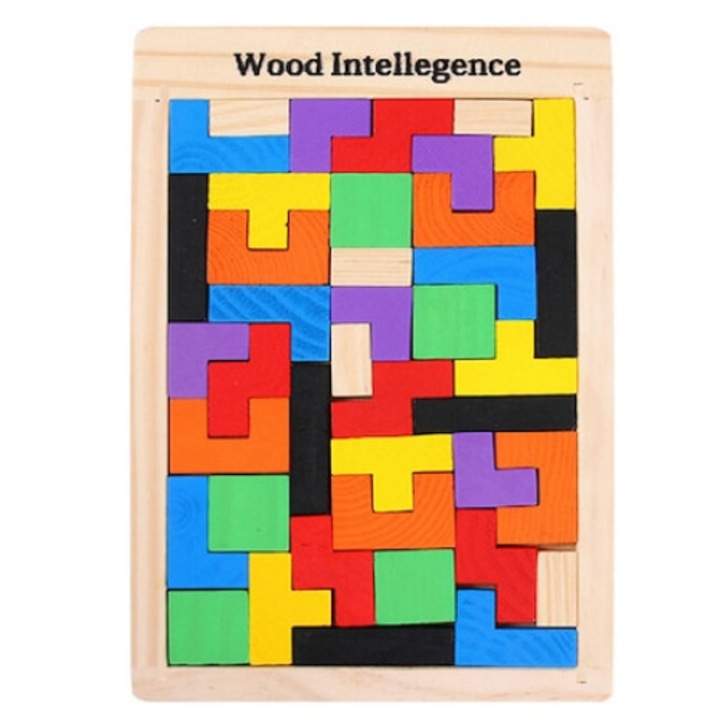 Joc de inteligenta, set 19 piese, Tetris Inteligence, din lemn, Unitoys