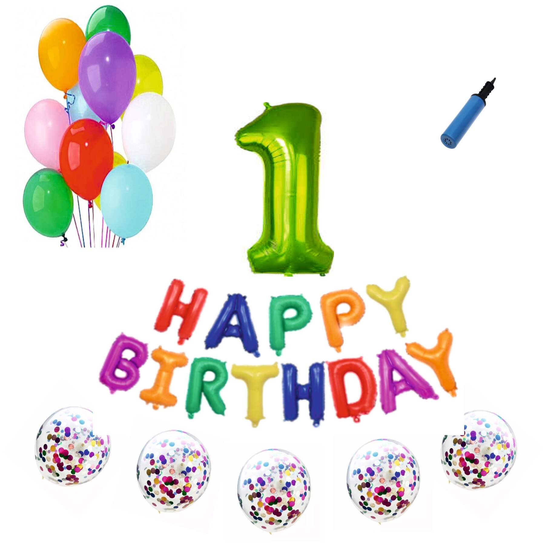 Set baloane Happy Birthday Multicolor , pentru 1 an, cifra 1 metru verde