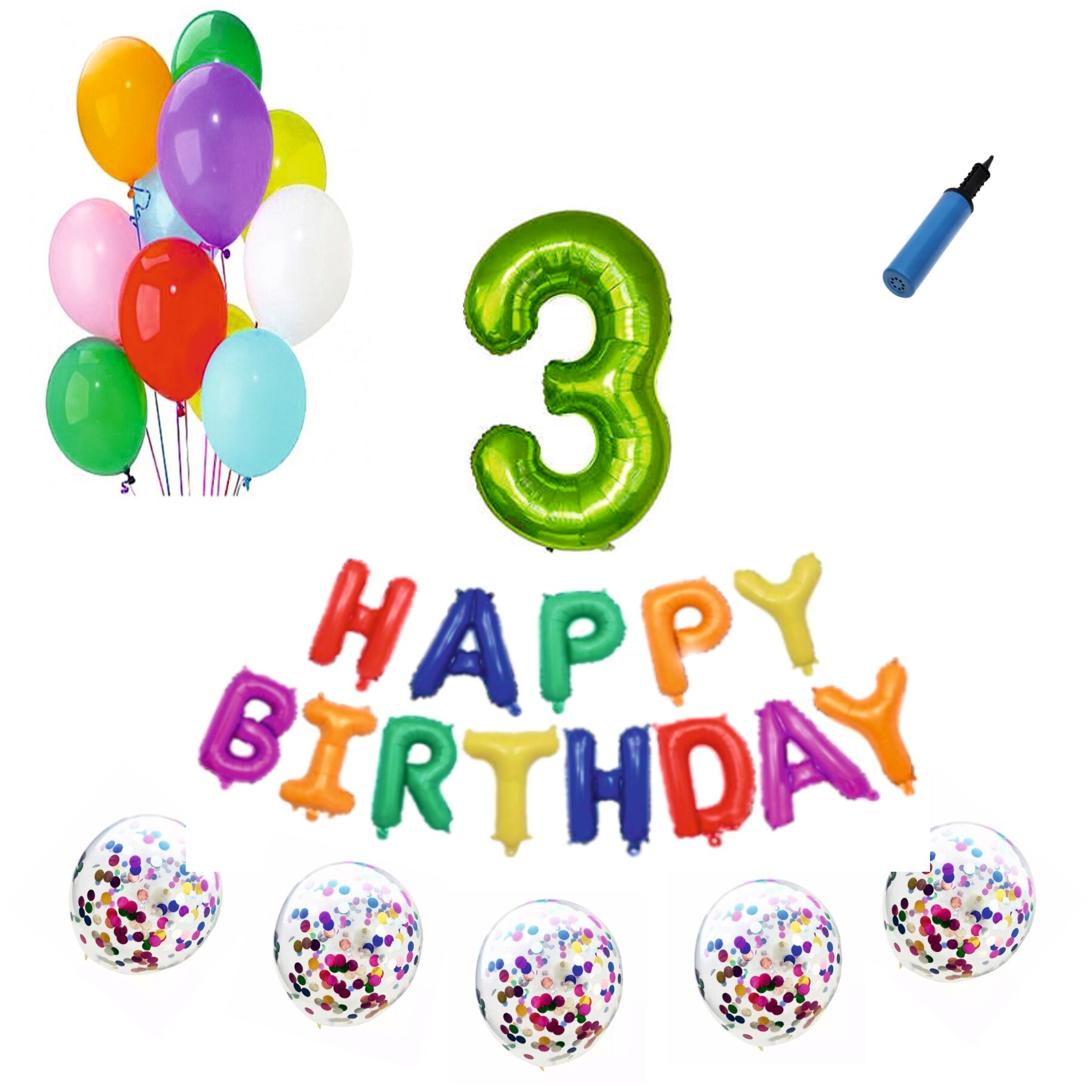 Set baloane Happy Birthday Multicolor , pentru 3 ani, cifra 1 metru verde