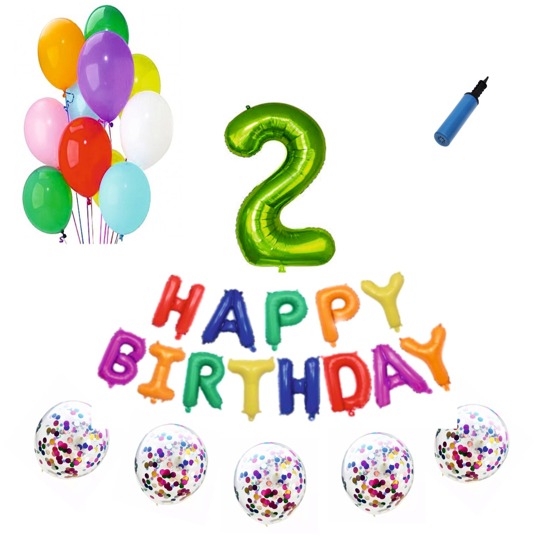 Set baloane Happy Birthday Multicolor , pentru 2 ani, cifra 1 metru verde