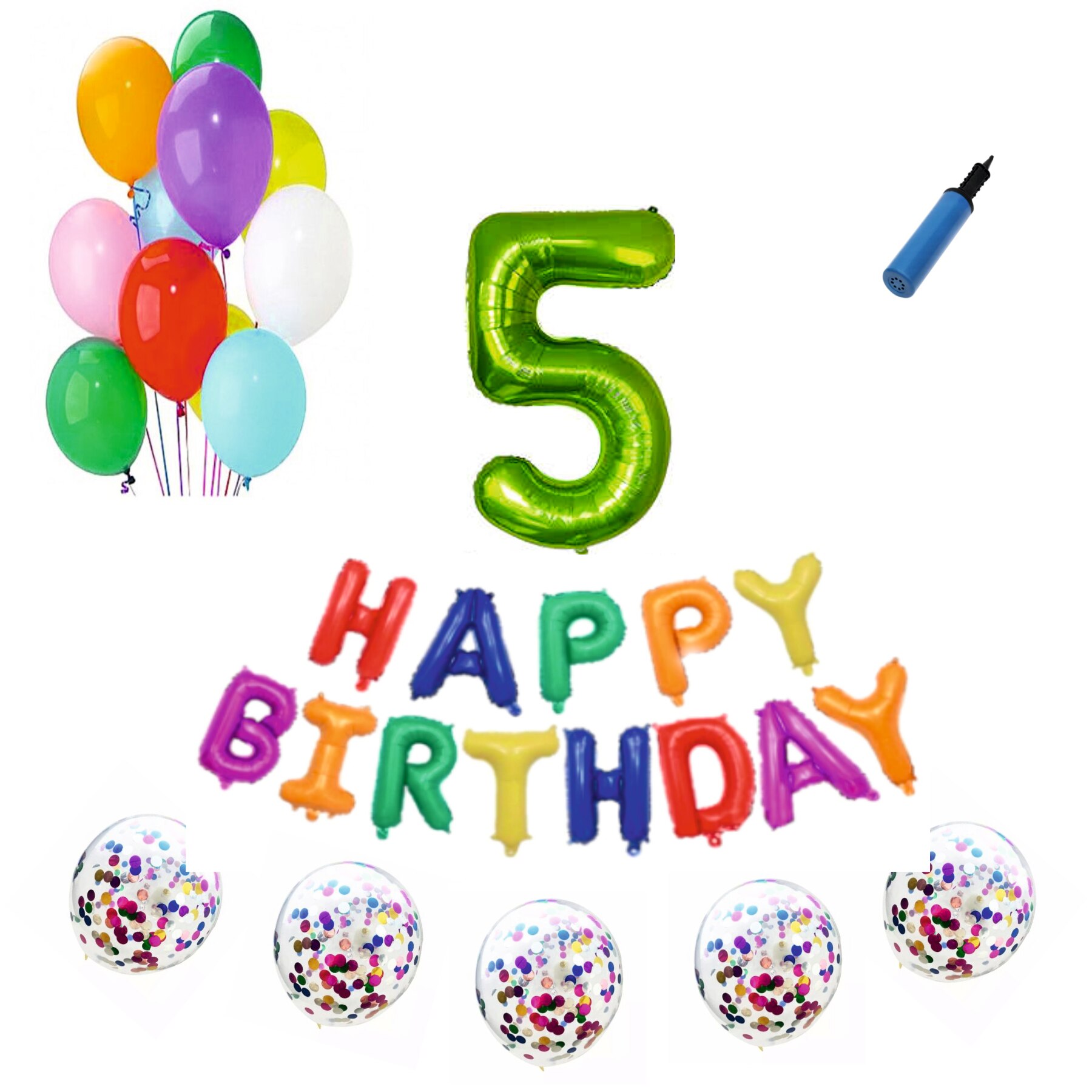 Set baloane Happy Birthday Multicolor , pentru 5 ani, cifra 1 metru verde