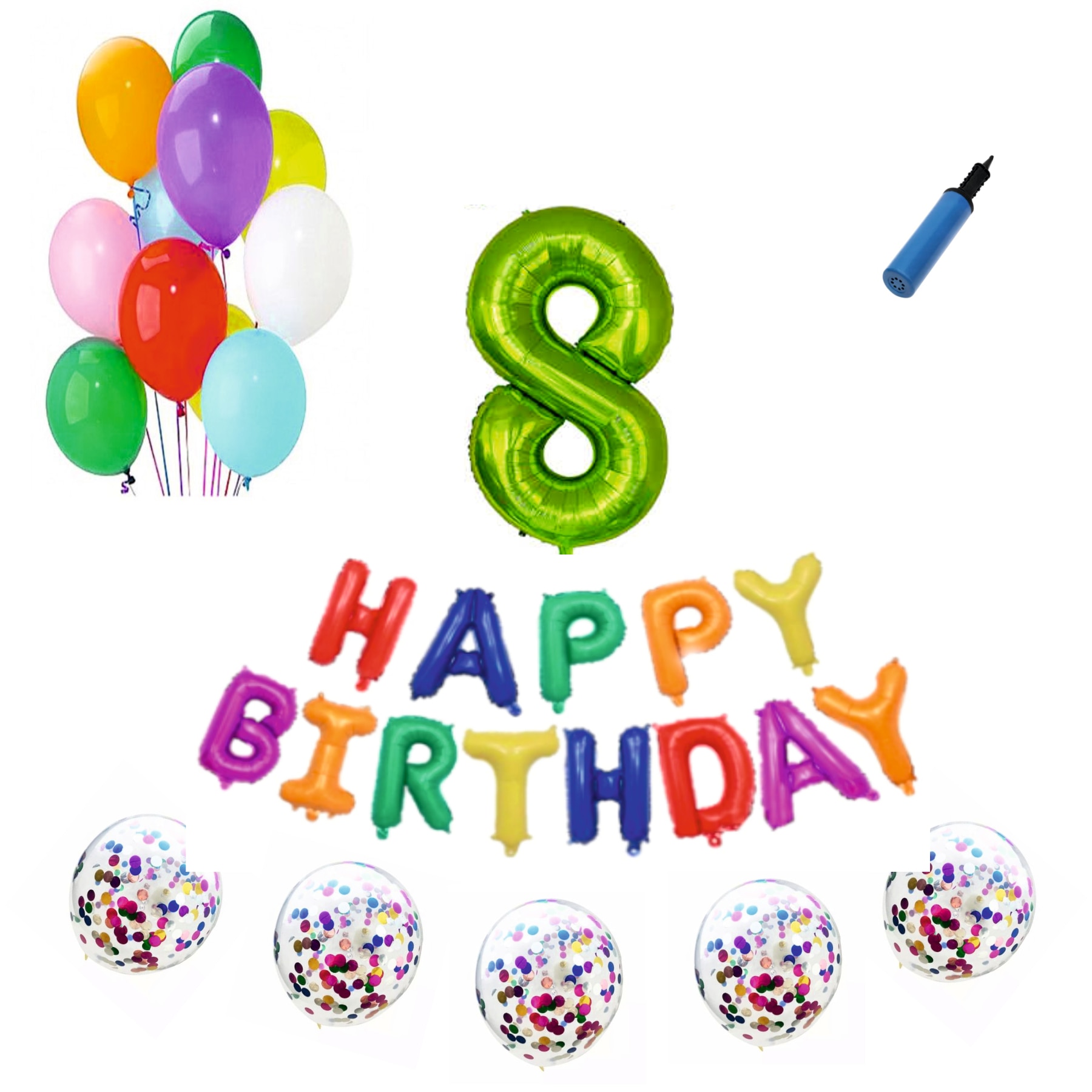 Set baloane Happy Birthday Multicolor , pentru 8 ani, cifra 1 metru verde