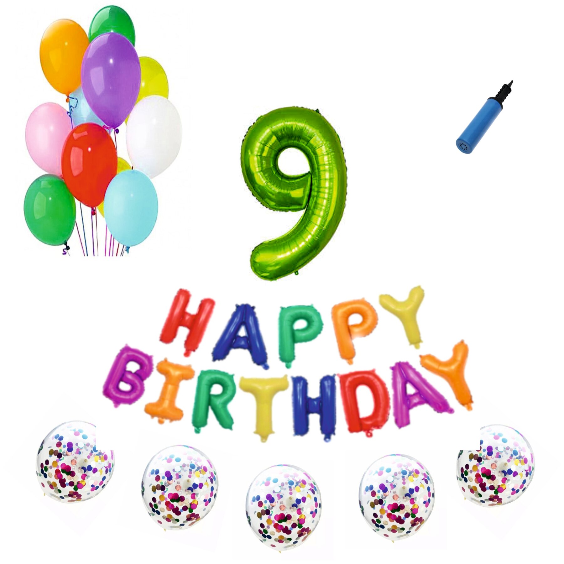 Set baloane Happy Birthday Multicolor , pentru 9 ani, cifra 1 metru verde