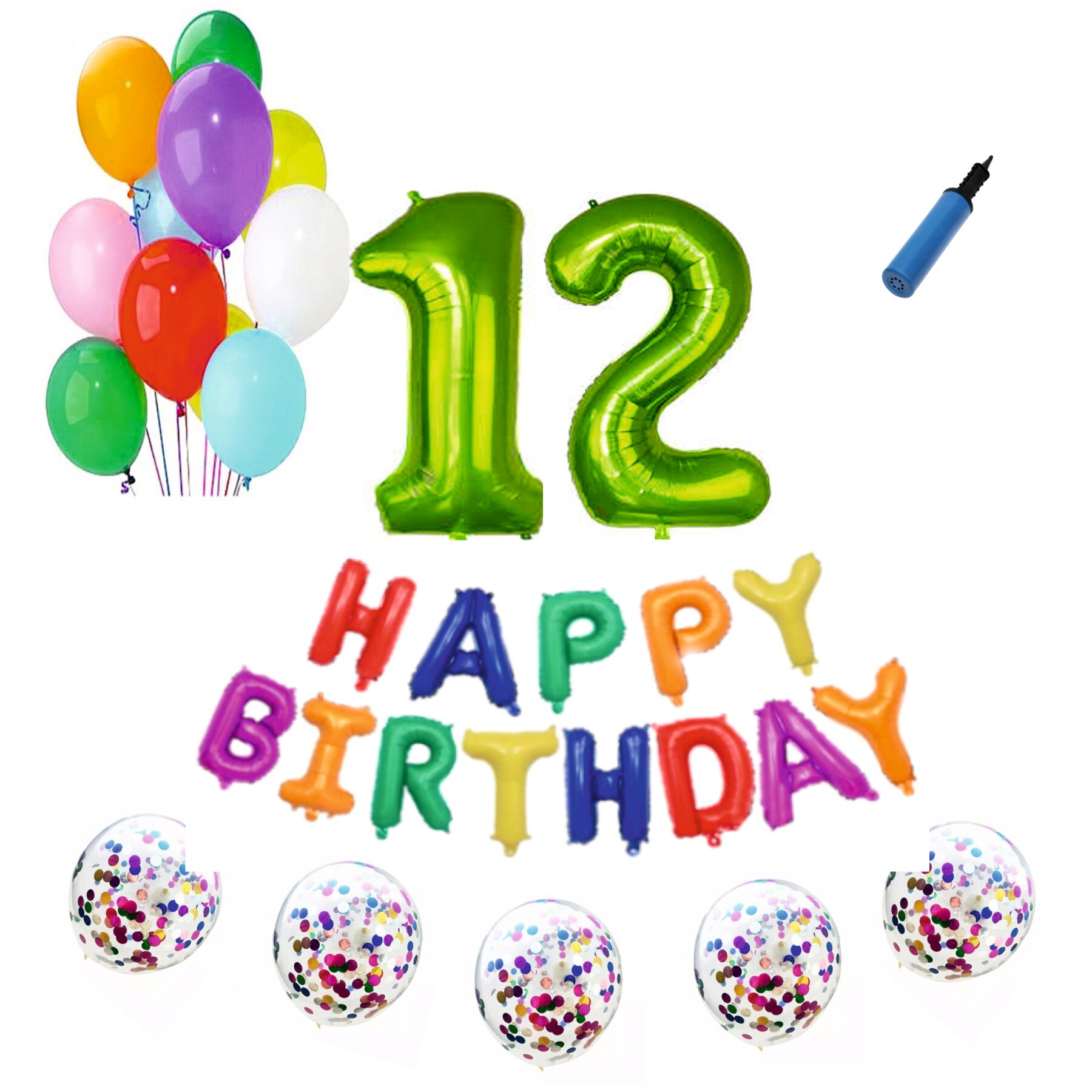 Set baloane Happy Birthday Multicolor , pentru 12 ani, cifra 1 metru verde