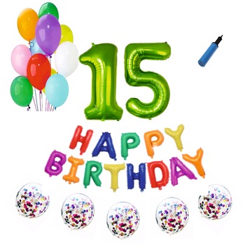 Set baloane Happy Birthday Multicolor , pentru 15 ani, cifra 1 metru verde Set baloane Happy Birthday Multicolor , pentru 15 ani, cifra 1 metru verde