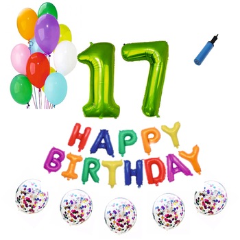 Set baloane Happy Birthday Multicolor , pentru 17 ani, cifra 1 metru verde Set baloane Happy Birthday Multicolor , pentru 17 ani, cifra 1 metru verde
