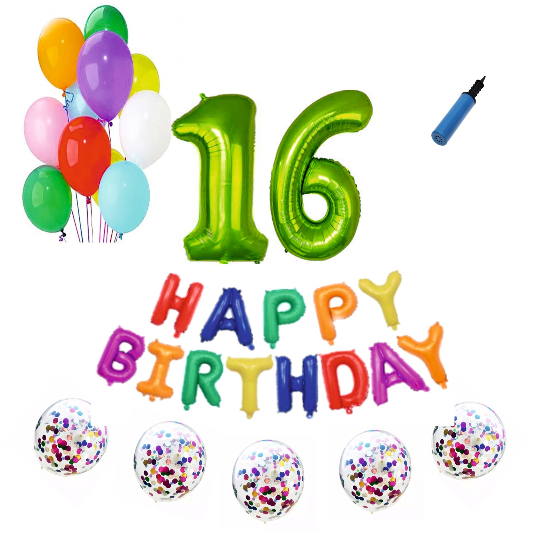 Set baloane Happy Birthday Multicolor , pentru 16 ani, cifra 1 metru verde