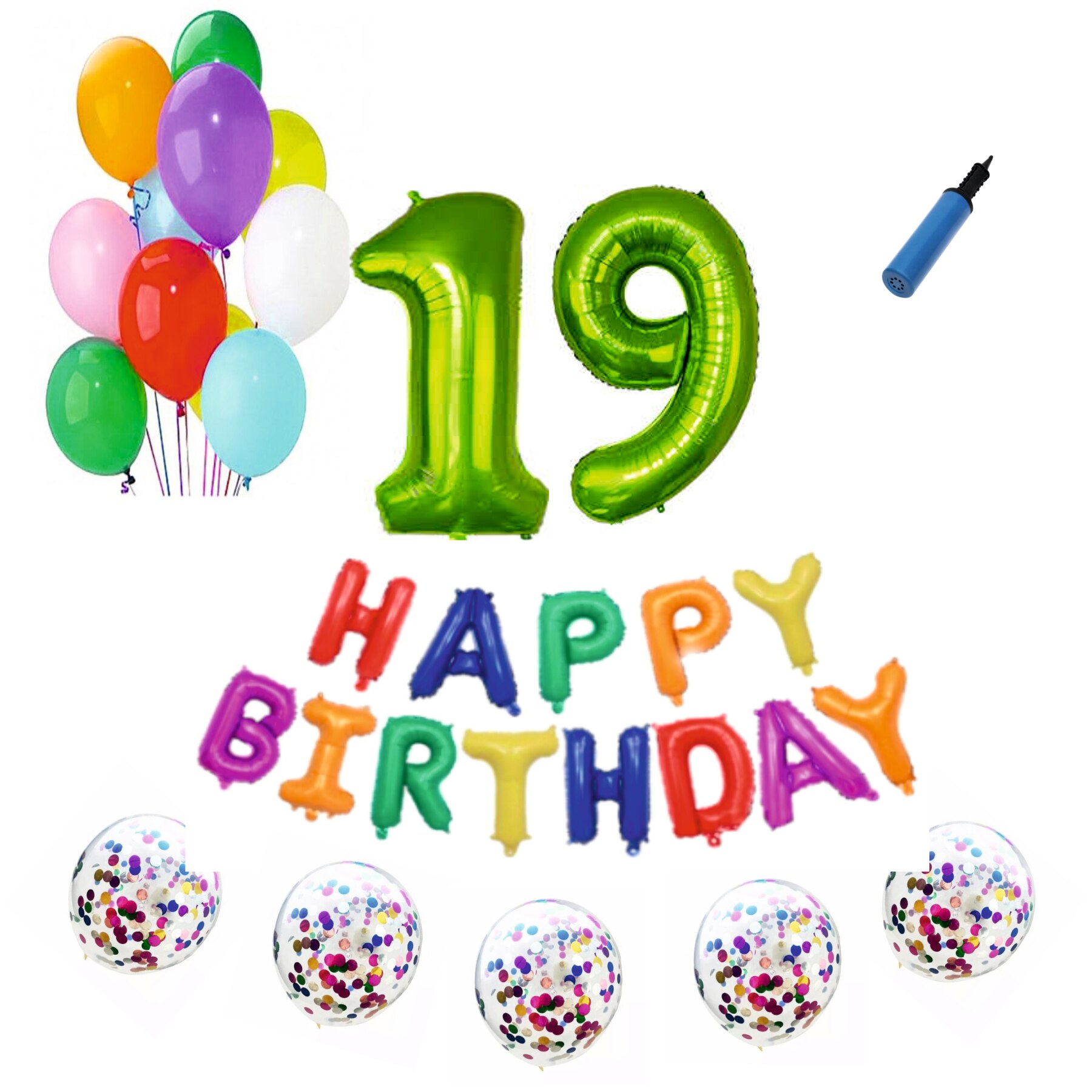 Set baloane Happy Birthday Multicolor , pentru 19 ani, cifra 1 metru verde
