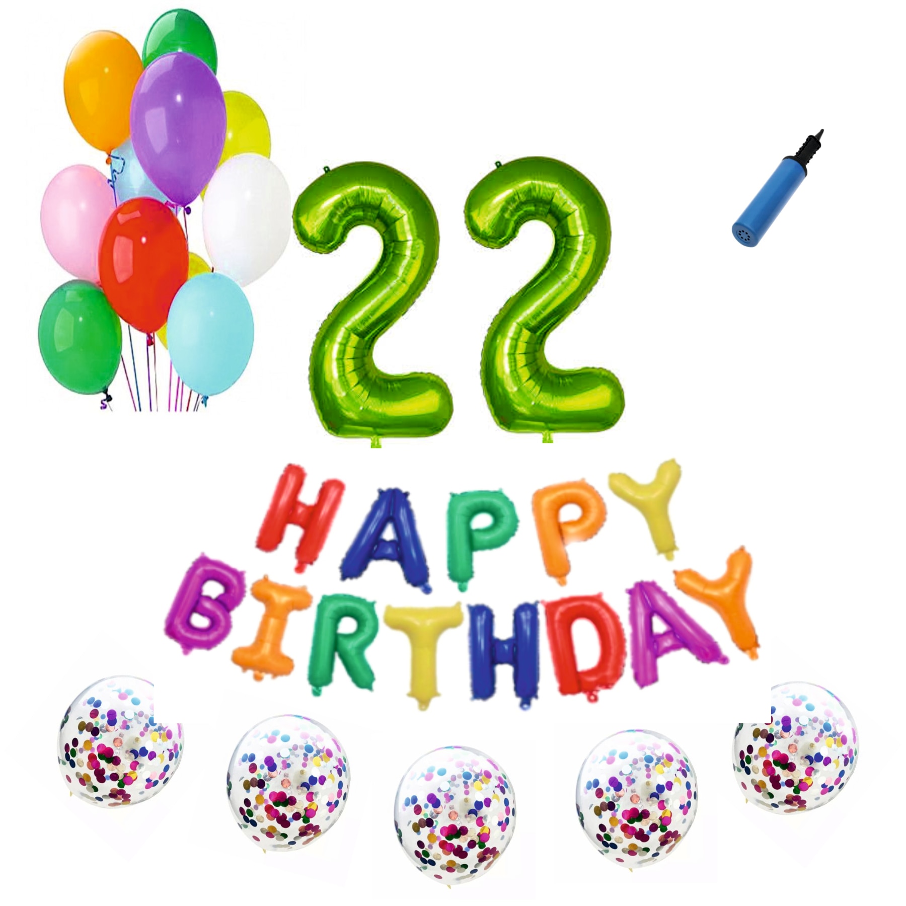 Set baloane Happy Birthday Multicolor , pentru 22 ani, cifra 1 metru verde