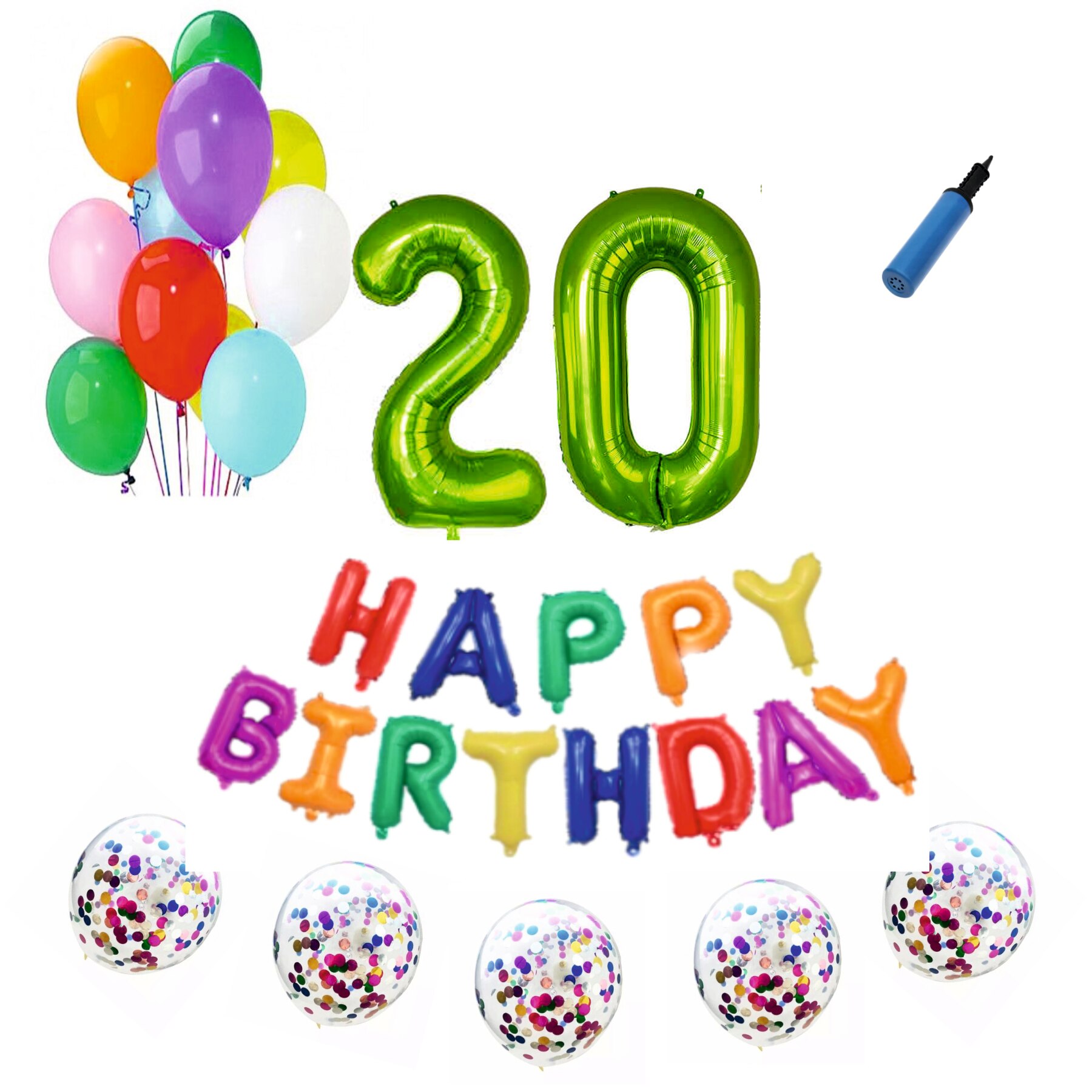 Set baloane Happy Birthday Multicolor , pentru 20 ani, cifra 1 metru verde