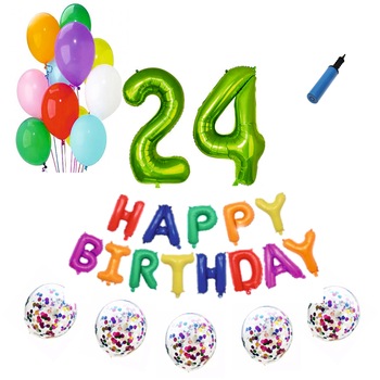 Set baloane Happy Birthday Multicolor , pentru 24 ani, cifra 1 metru verde Set baloane Happy Birthday Multicolor , pentru 24 ani, cifra 1 metru verde