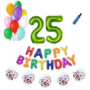 Set baloane Happy Birthday Multicolor , pentru 25 ani, cifra 1 metru verde Set baloane Happy Birthday Multicolor , pentru 25 ani, cifra 1 metru verde