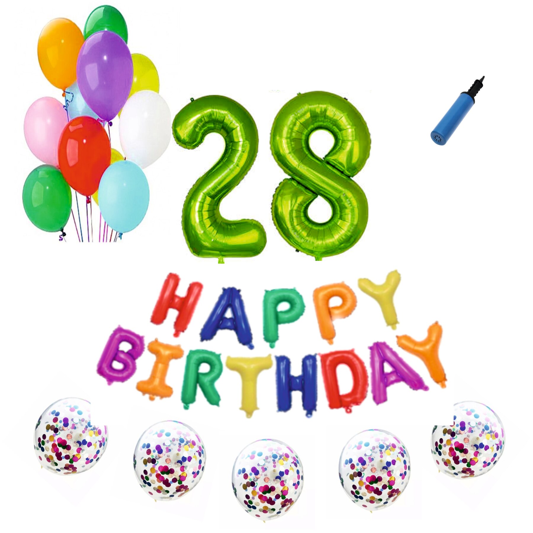 Set baloane Happy Birthday Multicolor , pentru 28 ani, cifra 1 metru verde
