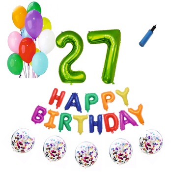 Set baloane Happy Birthday Multicolor , pentru 27 ani, cifra 1 metru verde Set baloane Happy Birthday Multicolor , pentru 27 ani, cifra 1 metru verde