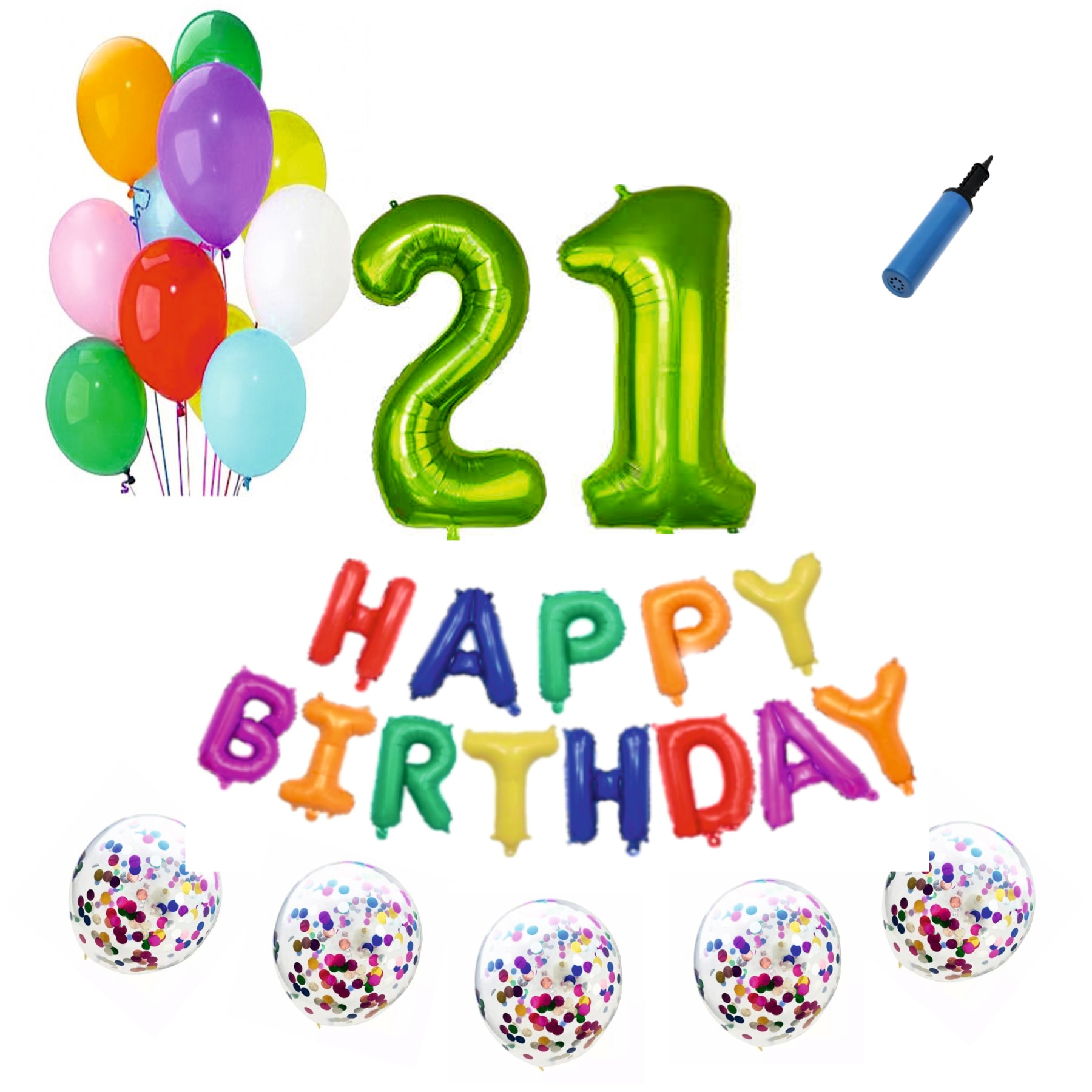 Set baloane Happy Birthday Multicolor , pentru 21 ani, cifra 1 metru verde