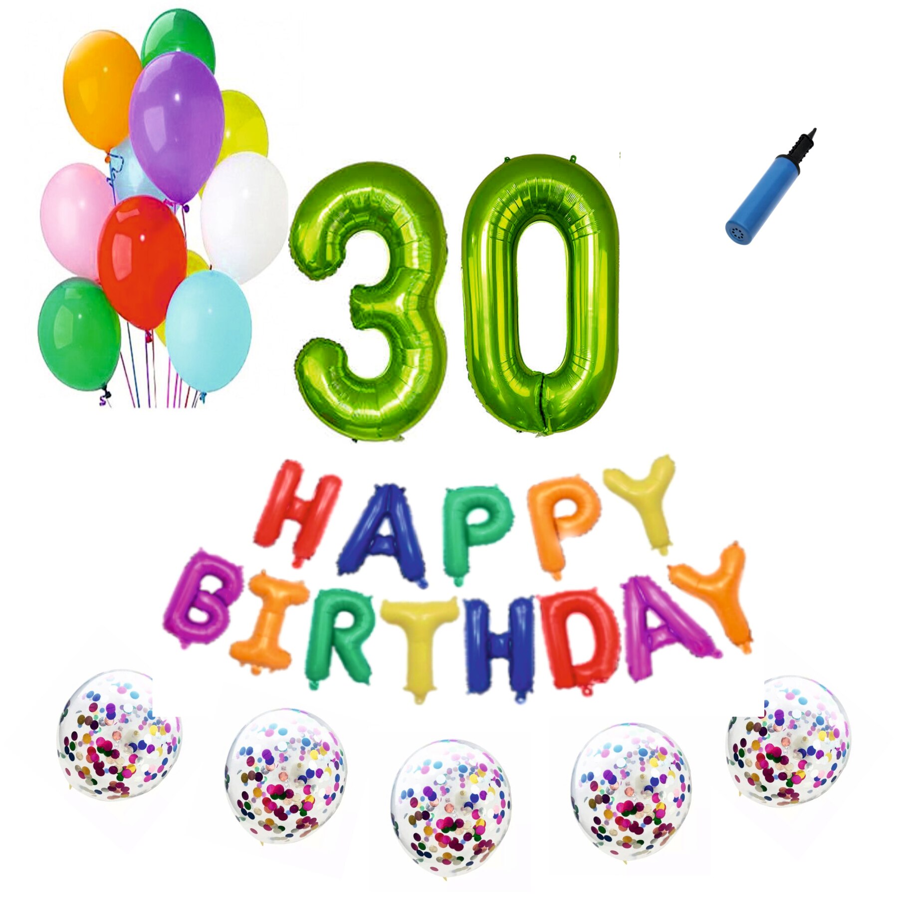 Set baloane Happy Birthday Multicolor , pentru 30 ani, cifra 1 metru verde