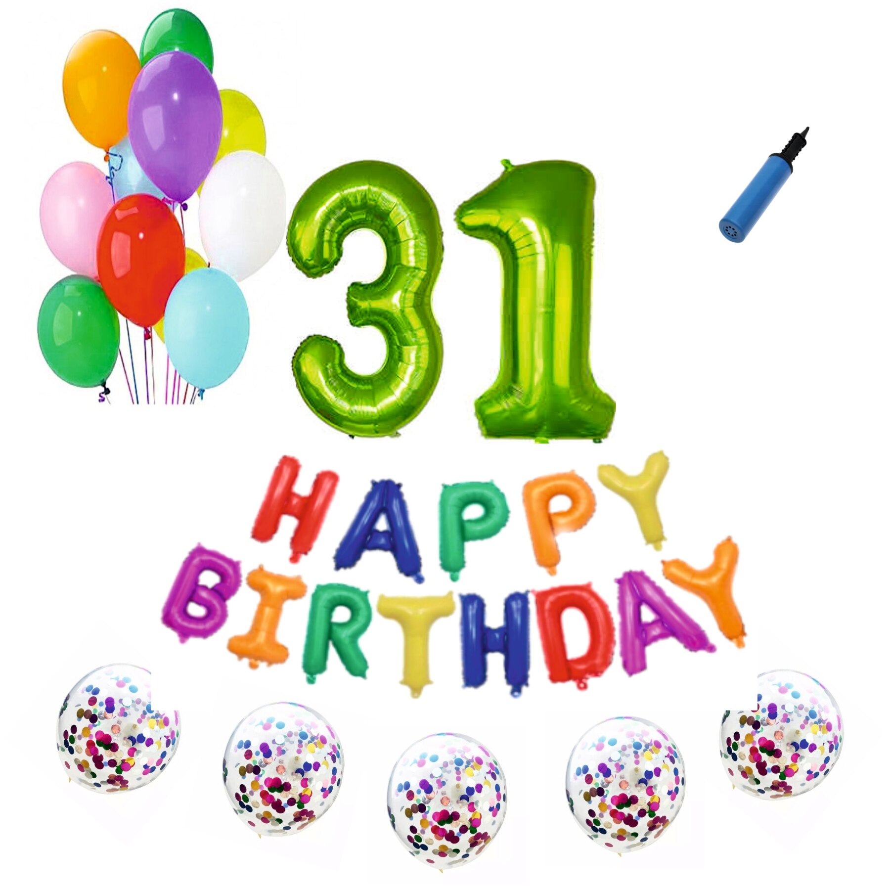 Set baloane Happy Birthday Multicolor , pentru 31 ani, cifra 1 metru verde