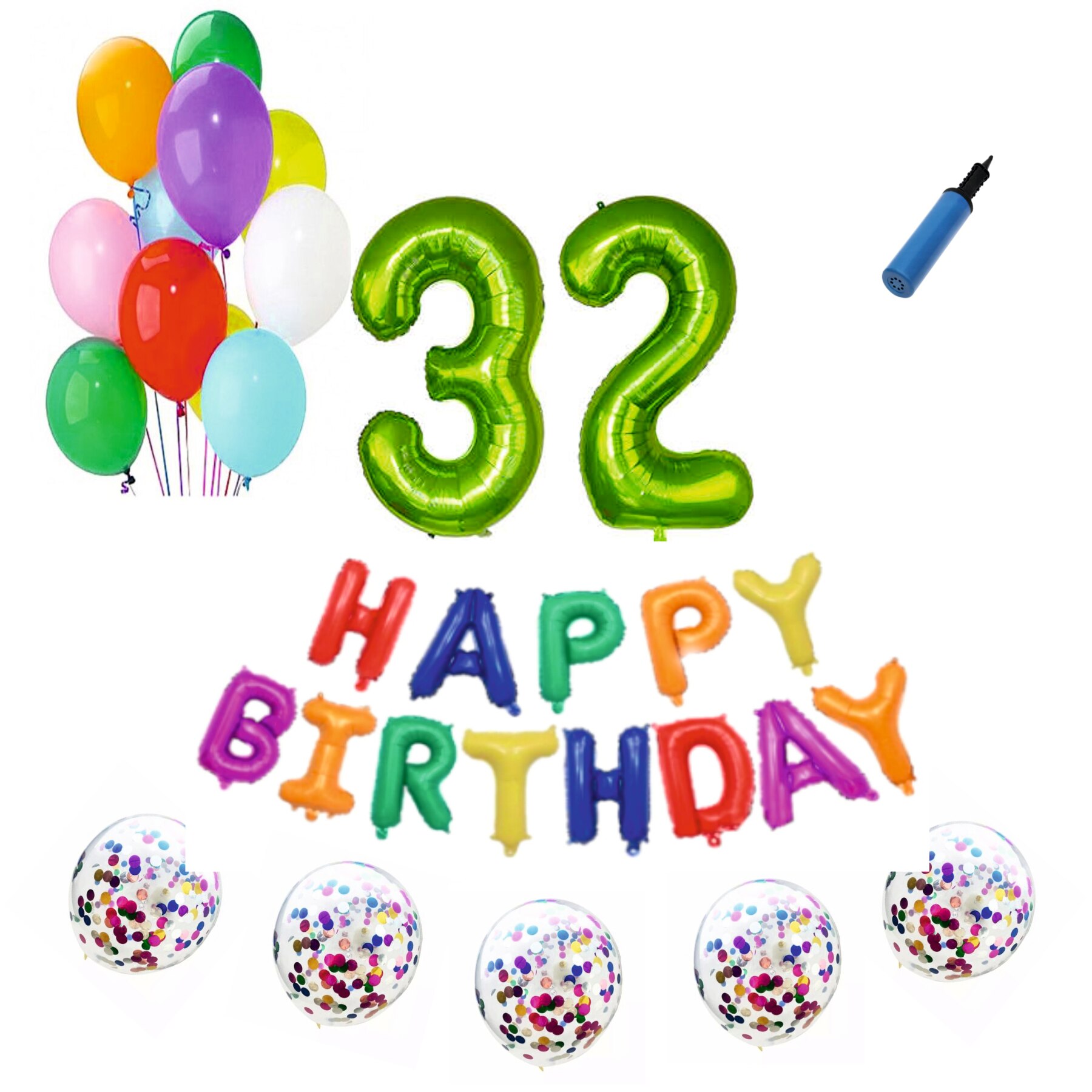 Set baloane Happy Birthday Multicolor , pentru 32 ani, cifra 1 metru verde