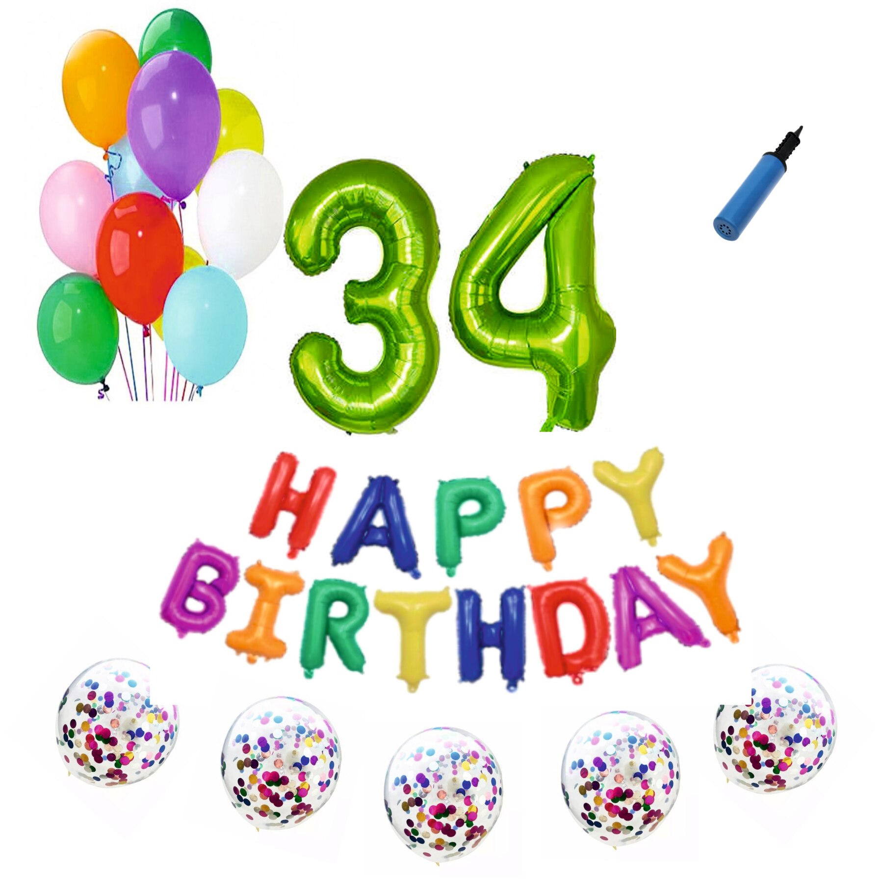 Set baloane Happy Birthday Multicolor , pentru 34 ani, cifra 1 metru verde
