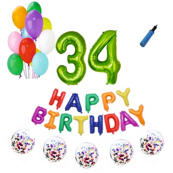 Set baloane Happy Birthday Multicolor , pentru 34 ani, cifra 1 metru verde Set baloane Happy Birthday Multicolor , pentru 34 ani, cifra 1 metru verde