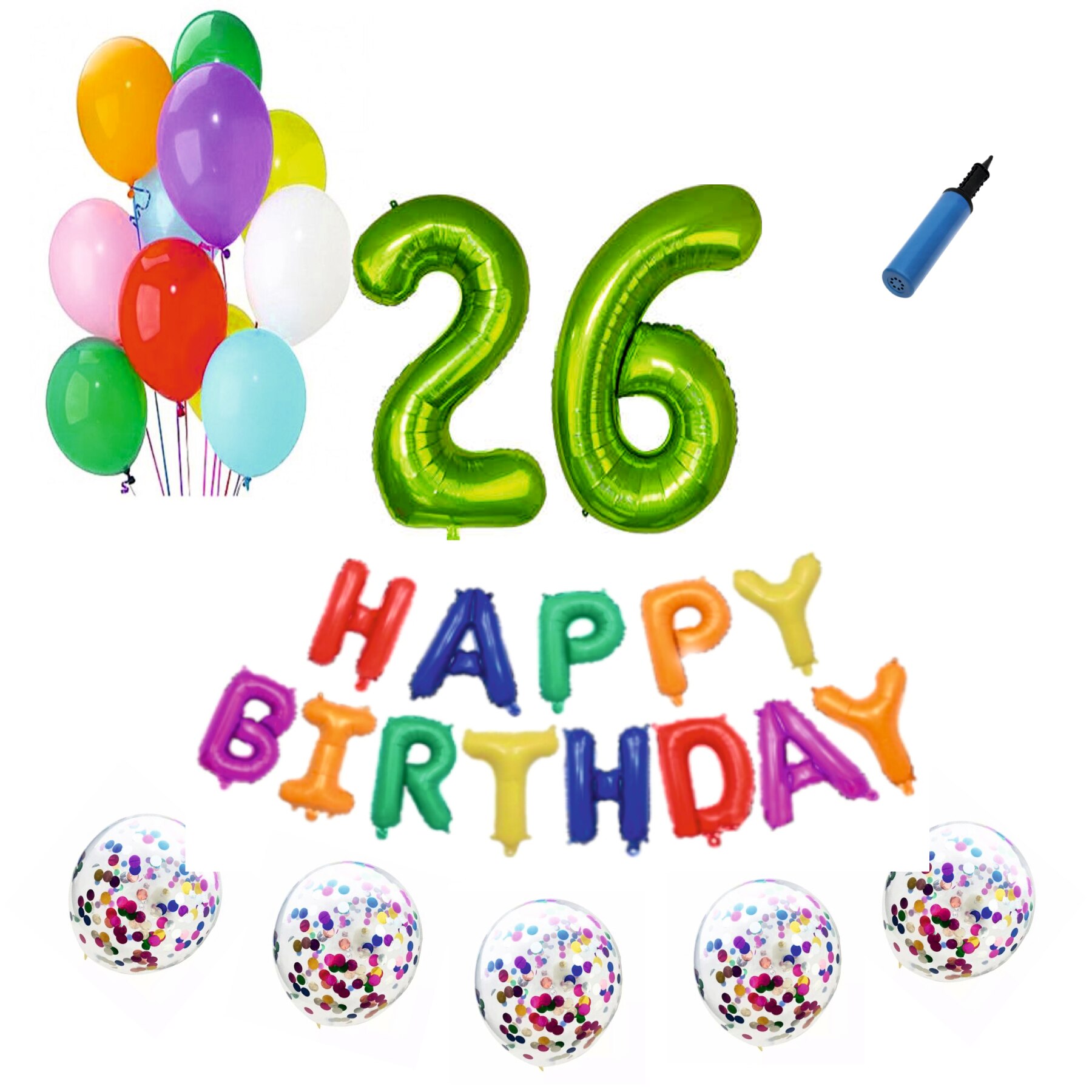 Set baloane Happy Birthday Multicolor , pentru 26 ani, cifra 1 metru verde