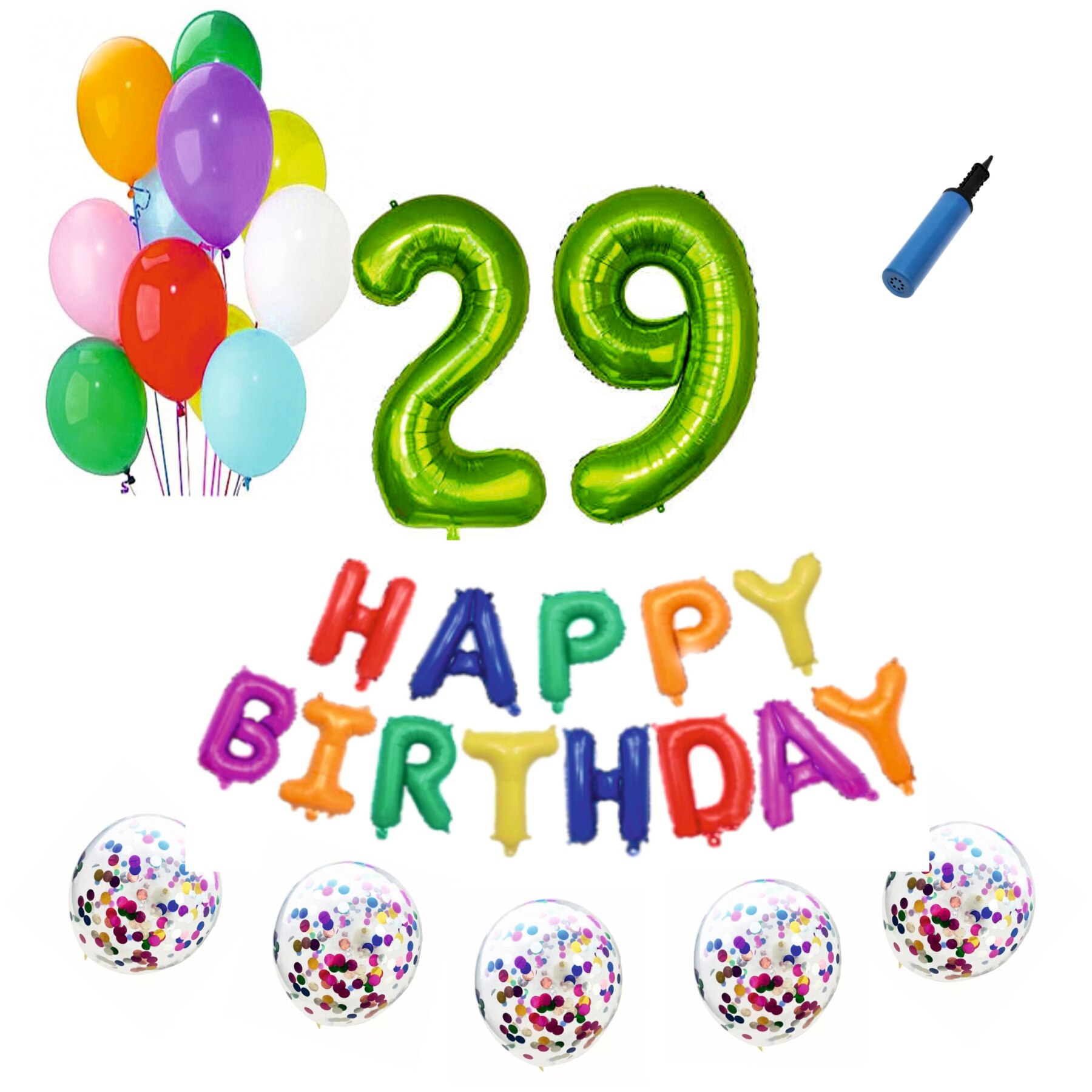 Set baloane Happy Birthday Multicolor , pentru 29 ani, cifra 1 metru verde